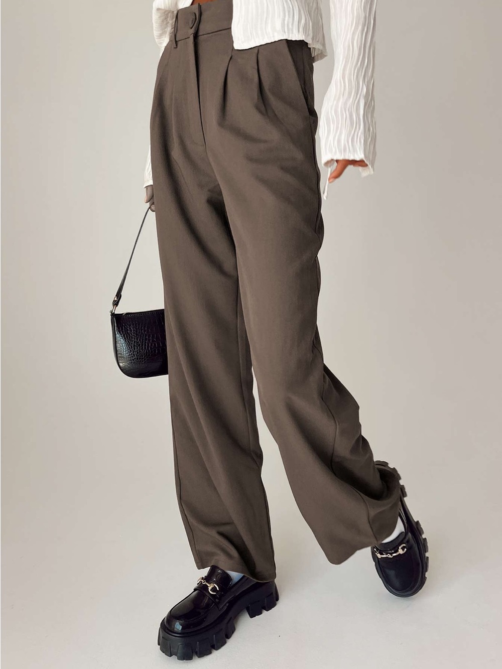High-Waist Wide-Leg Brown Trousers - Picture 3 of 5